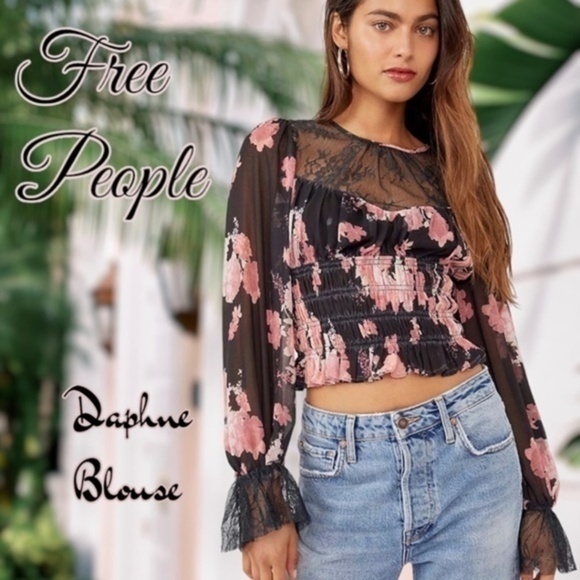 FREE PEOPLE Daphne Ruched FloralLong Sleeve Sheer Lace Blouse NWT/MD